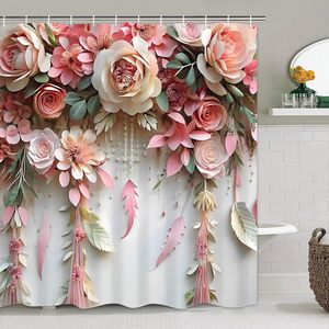 Fleur rose romantique et plante verte mignonne ensemble <span class=keywords><strong>de</strong></span> décoration <span class=keywords><strong>de</strong></span> <span class=keywords><strong>salle</strong></span> <span class=keywords><strong>de</strong></span> <span class=keywords><strong>bain</strong></span> en polyester floral avec rideau <span class=keywords><strong>de</strong></span> douche, tapis et accessoires - Product Image 4