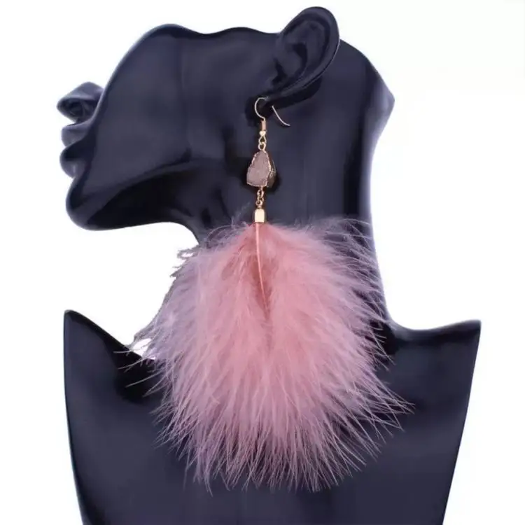2022 New Style Elegant Women Long Pink White Black Feather Drop Alloy Earrings