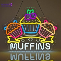 Enseigne 3D en forme de Muffins de Dessin Animé avec Ornements Cœur Double Cerise, Bandes LED Néon Blanches 'MUFFINS' Alimentées par USB, à Suspendre/Montage Mural