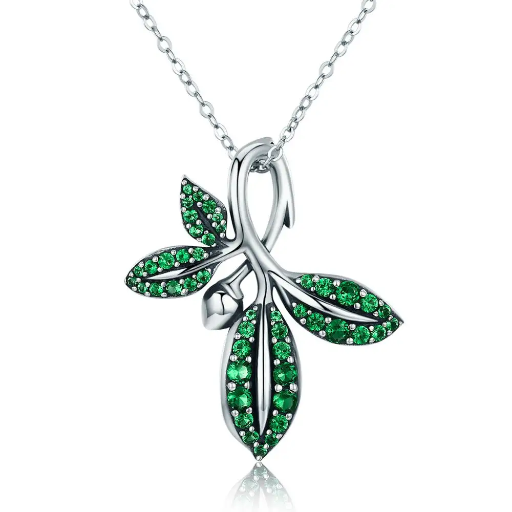 BAGREER SCN226 Custom summer jewelry cz stone zircon gemstone branch green leaf pendant 925 silver chain women necklace Jewelry