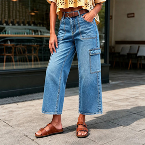 Jean cargo large pour femme, coupe droite, longueur courte, bleu, style workwear, taille haute, en denim, tailles européennes et américaines S M L XL - Product Image 3