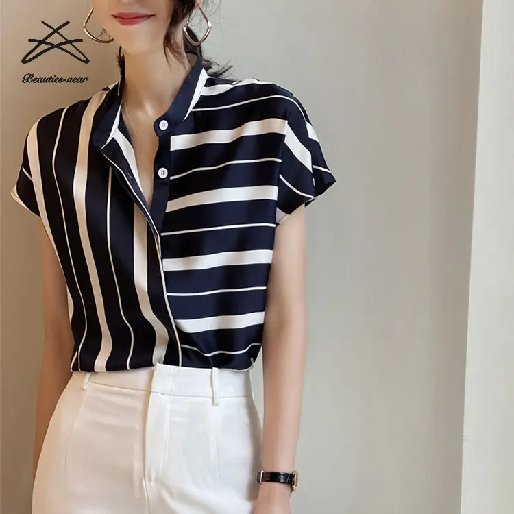女性の夏のストリップのための女性のストライプシフォンシャツ半袖レディーストップスオフィスVネック韓国のファッション服Blusasシャツ