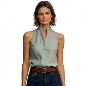 Women's Sleeveless Mandarin Collar Blouse - V-Neck Button Front Casual <b>Top</b> Shirt Fashion - Product Image 2
