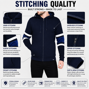 Men's <b>Navy</b> Blue Hooded Zip-Up <b>Sweatshirt</b> Regular Fit 100% Cotton Knitted Striped Sleeve Casual Autumn Wear - Product Image 5