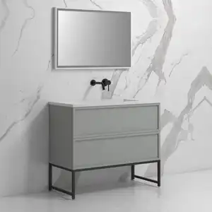 Vermonhouzz MDF 漆浅灰色振动器门浴室虚荣与不锈钢框架独立式