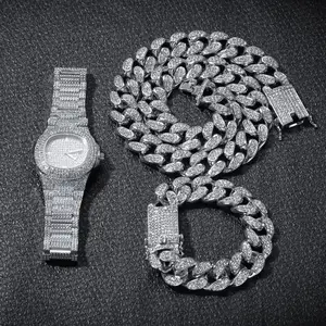 2厘米宽嘻哈珠宝古巴链冰链手链项链和手表组合套装