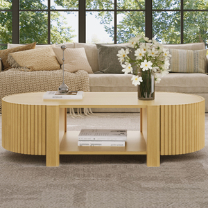 Modern Decorative Oval Fluted Coffee Table with Storage for Living Room <b>Solid</b> <b>Wood</b> 1 Shelf & 2 Open Storage Doors - Product Image 4