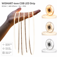 Bande LED COB ultra-étroite WISMART 24V 4mm, 480 LED/m, 5m, IP20, flexible, sans points lumineux, 3000K 4000K 6500K pour l'éclairage des armoires