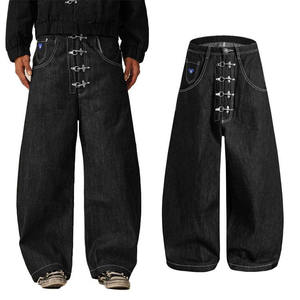 Jean baggy en denim brut personnalisé pour homme avec boucle de pompier et boutons, surpiqûres contrastantes blanches, coupe incurvée - Product Image 1