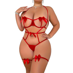 Lingerie sexy trois pièces en dentelle rouge ajourée, en polyester de luxe, <span class=keywords><strong>taille</strong></span> unique, avec détails nœuds, pour jeu de rôle, <span class=keywords><strong>grande</strong></span> <span class=keywords><strong>taille</strong></span> - Product Image 5