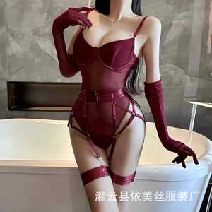 Manyu sexy lingerie women's see-through sexy <b>bodysuit</b> with mesh patchwork bra set, <b>shaping</b> straps and gloves - Product Image 1