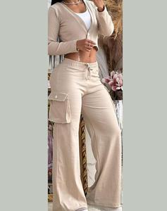 Pocket Solid Color Long Sleeve Crop Tops Trouser 2 Pieces <b>Set</b> Women Streetwear Suits Fashion - Product Image 4