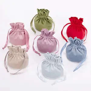 wholesale customize party drawstring velvet present bags round bottom jewellery velvet bag gift jewelry pouch with logo