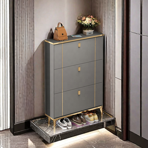 Mobiletto Portascarpe Sottile Scanalato per Ingresso, Bianco Crema, con Cassetti Ribaltabili, Organizzatore Salvaspazio per Corridoio con Dettagli Dorati - Product Image 6