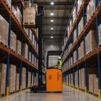 Chariot élévateur électrique VNA 3 voies de 1,5 tonne, tête de fourche rotative à 180°, hauteur de levage de 6 m, batterie lithium-ion, pneus en polyuréthane, type stand-on