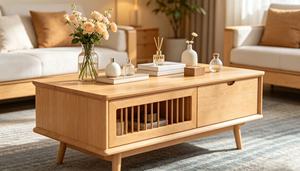 Table basse moderne en bois massif avec tiroir de rangement, meubles de salon de style mid-century - Product Image 4