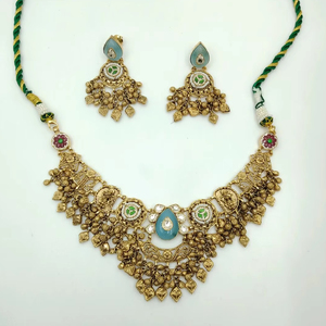 Traditional Silver Heavy Kundan Choker Necklace <b>Set</b> with Blue Green Stones Coin <b>Beads</b> and Matching Earrings - Product Image 2