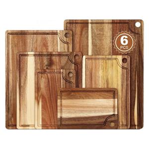 Acacia Wood Cutting Board <b>Set</b> 6 Pcs Rectangle Kitchen Food Prep Board With Juice Groove Double Sided Natural Wood Color - Product Image 1