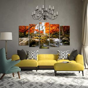 Lớn hiện đại 5-mảnh bọc giclee vải tường nghệ thuật 60x32inch mùa thu rừng Thác dầu in Tranh phong cảnh - Product Image 2