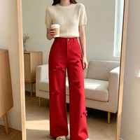 Pantalon décontracté plissé à taille haute pour femme, coupe droite, avec nœud et bouton, taille élastique, anti-plis, séchage rapide, respirant