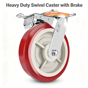 Heavy Duty Swivel Caster With Brake Red Polyurethane Wheel Ball Bearing Locking Mechanism Flat Type Bolt Hole Installation - Product Image 1