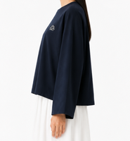 Chemisier ample et court pour femme, à manches longues, broderie lotus, manches cloche larges, coupe décontractée, bleu marine, pour usage quotidien
