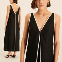 Robe pour femmes fabriquée par le fabricant, robe décontractée, design personnalisé, robe maxi minimaliste en coton et lin à col en V, style conservateur