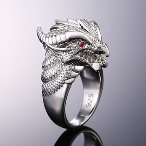 Bague Tête de Dragon F340 en Argent Sterling 925, Bijou de Mode Masculin avec Œil en Zircon Cubique Rouge, Cadeau pour Lui - Product Image 1