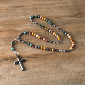 8mm Piedra Natural Moukaite católico Cristo Rosario collares meditación joyería Cruz colgante hombres collar - Product Image 3