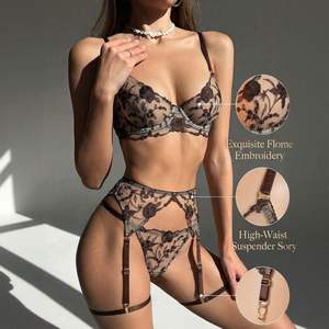 Ensemble de lingerie vintage marron brodé en résille avec appliques florales, soutien-gorge, <span class=keywords><strong>porte</strong></span>-jarretelles <span class=keywords><strong>et</strong></span> string, lingerie sexy transparente trois pièces - Product Image 3
