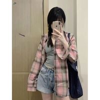 Chemise à carreaux légère pour femme, protection solaire, manches longues, coupe ample, anti-UV, boutonnée, rose tartan, veste cardigan