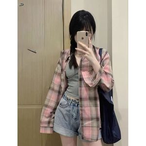 <strong>Women's</strong> Sun Protection Plaid Shirt Lightweight Summer Long Sleeve Oversized UV Block Button Down Pink <strong>Tartan</strong> Cardigan Jacket - Product Image 3