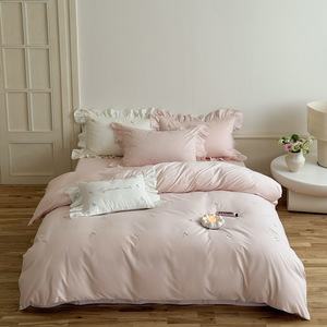 Sensation incroyablement douce pour toute l'année confort rose fleur broderie drap <span class=keywords><strong>de</strong></span> <span class=keywords><strong>lit</strong></span> 4 pièces ensemble <span class=keywords><strong>de</strong></span> literie avec garniture <span class=keywords><strong>de</strong></span> <span class=keywords><strong>tresse</strong></span> à volants - Product Image 2