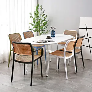 Hot Sale Stackable Rattan Restaurant Furniture Chair PP Plastic Durable Backrest Dining Chairs with Armrest