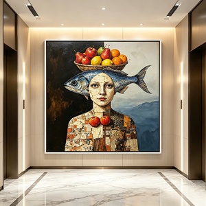 Dipinto a Olio Surrealista Donna con Pesce e Cesto di Frutta, <span class=keywords><strong>Arte</strong></span> Murale su Tela, Texture Vintage Effetto Craquelé, Decorazione Figurativa per Hotel, Caffè, Casa - Product Image 3