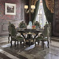 Table à manger de luxe française européenne avec 6 chaises en cuir, cadre en bois sculpté, plateau en marbre massif, ronde/carrée, pour appartement
