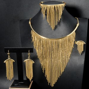 Bijoux fantaisie plaqués or 14 carats, classiques, avec pampilles, boucles d'oreilles, collier, bracelet, ensembles de mariage pour femmes - Product Image 5