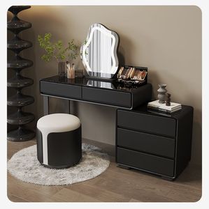 Ensemble de coiffeuse en bois noir, table de maquillage moderne en cuir avec miroir, design simple, commode de rangement pour adultes - Product Image 6