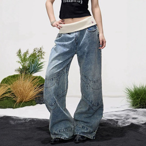 Jean ample streetwear pour <span class=keywords><strong>femme</strong></span>, coupe large, patchwork, taille plissée, délavage clair, coupe décontractée, en denim, idéal pour le <span class=keywords><strong>skate</strong></span> et le quotidien - Product Image 1
