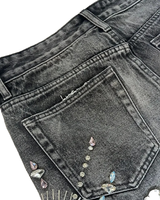 Short Streetwear Homme Vintage Délavé Rétro Effiloché avec Strass et Broderie Personnalisée