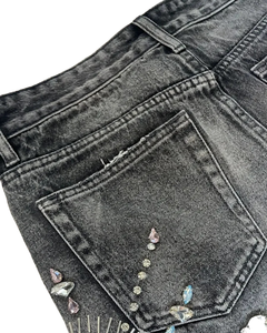 Vintage Sun Faded Mens Ripped Jean Rhinestone Custom Embroidery Streetwear <strong>Shorts</strong> - Product Image 4