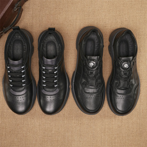 Men's Cow Leather Walking Shoes <b>Round</b> <b>Toe</b> Rubber Outsole Cushioned Low <b>Heel</b> Solid Color Mesh Lining Rotating Buckle Design - Product Image 1