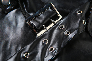 Biểu Tượng Tùy Chỉnh PU Da Phụ Nữ 2 Mảnh Thiết Lập Thời Trang Da Nút Cao Cổ Áo Khoác + Sash Váy Phù Hợp Với Thời Trang Phố Skinny Trang Phục - Product Image 5