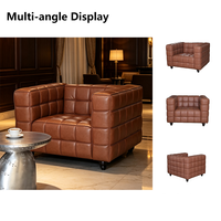 Maßgefertigter Vintage-Sessel mit Quadratischem Gittermuster aus Echtem Leder, Einzelsitz-Lounge-Sofa für Wohnzimmer, Hotel und Gastgewerbe-Projekte