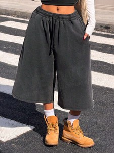 <span class=keywords><strong>Pantalones</strong></span> cortos de chándal holgados de algodón 100% con cordón, estilo capri 3/4, lavado ácido, para mujer - Product Image 1