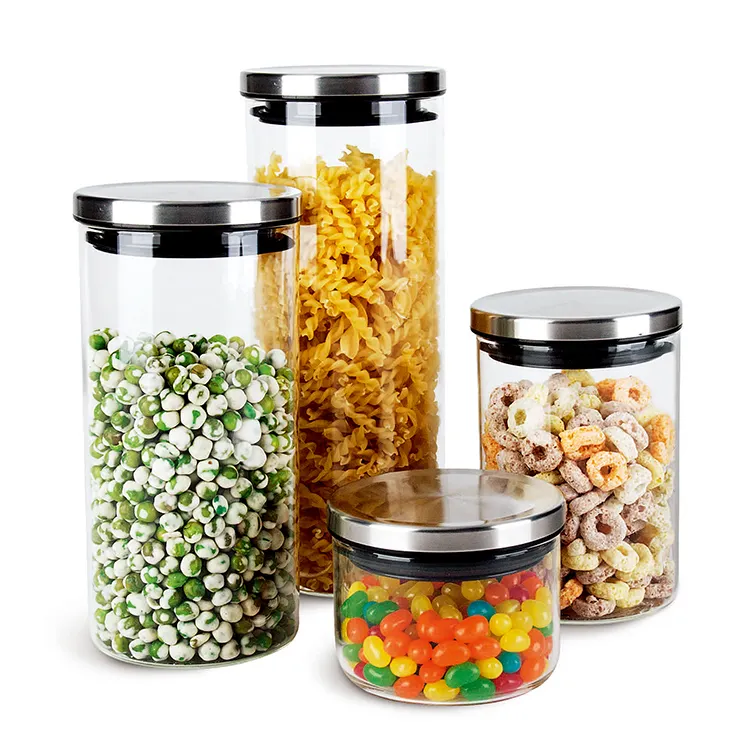 Potes borosilicados de armazenamento de vidro, conjunto de 1000ml para cozinha, recipientes de armazenamento de alimentos com tampa s/s