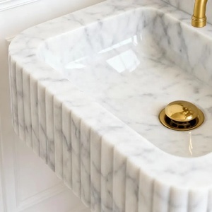 Lavabo Individual de Mármol Personalizado, Diseño Moderno Acanalado, Lavabo Flotante con Protector Trasero de Mármol, Grifo, Conjunto de Lavabo Pequeño <span class=keywords><strong>para</strong></span> Baño - Product Image 4