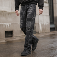 Jeans personnalisés déchirés avec imprimé graphique éclair, patchwork et effet usé pour un style urbain et un usage quotidien