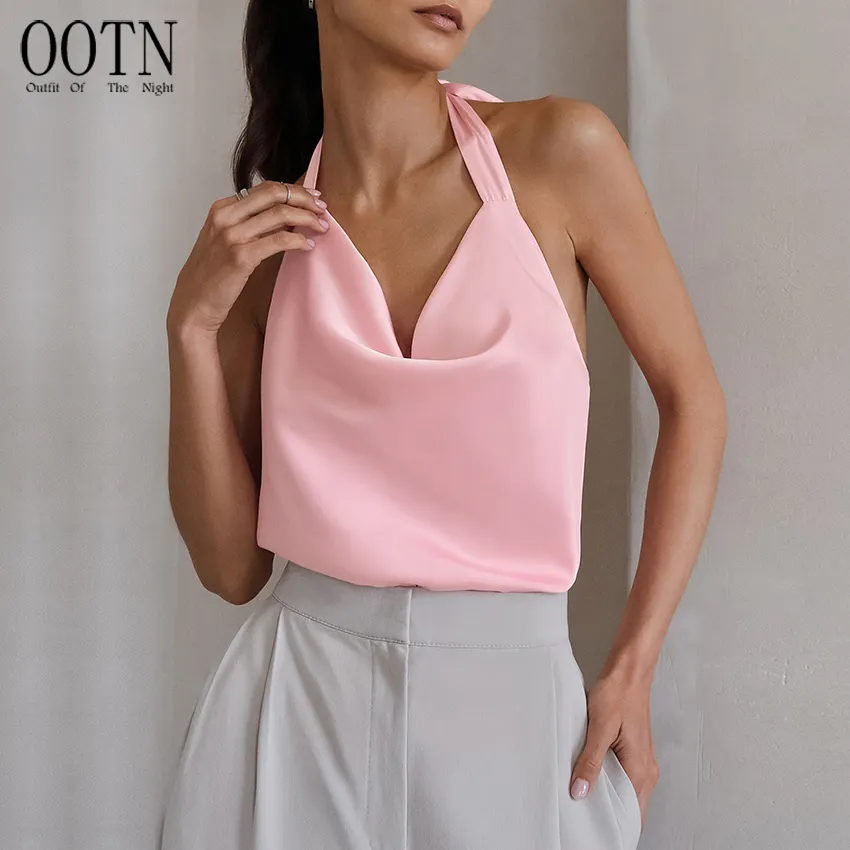 OOTN 2024 Sommer elegant basic dünn weich matt Satinhalter Schnüre schwingen Hals offener Rücken ärmellos sexy Tanktop Damenwesten