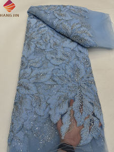 Vino 3D flor bordado perlas hecho a mano encaje con cuentas lujo francés red <span class=keywords><strong>tul</strong></span> <span class=keywords><strong>tela</strong></span> de encaje con lentejuelas para vestido de fiesta de noche - Product Image 3